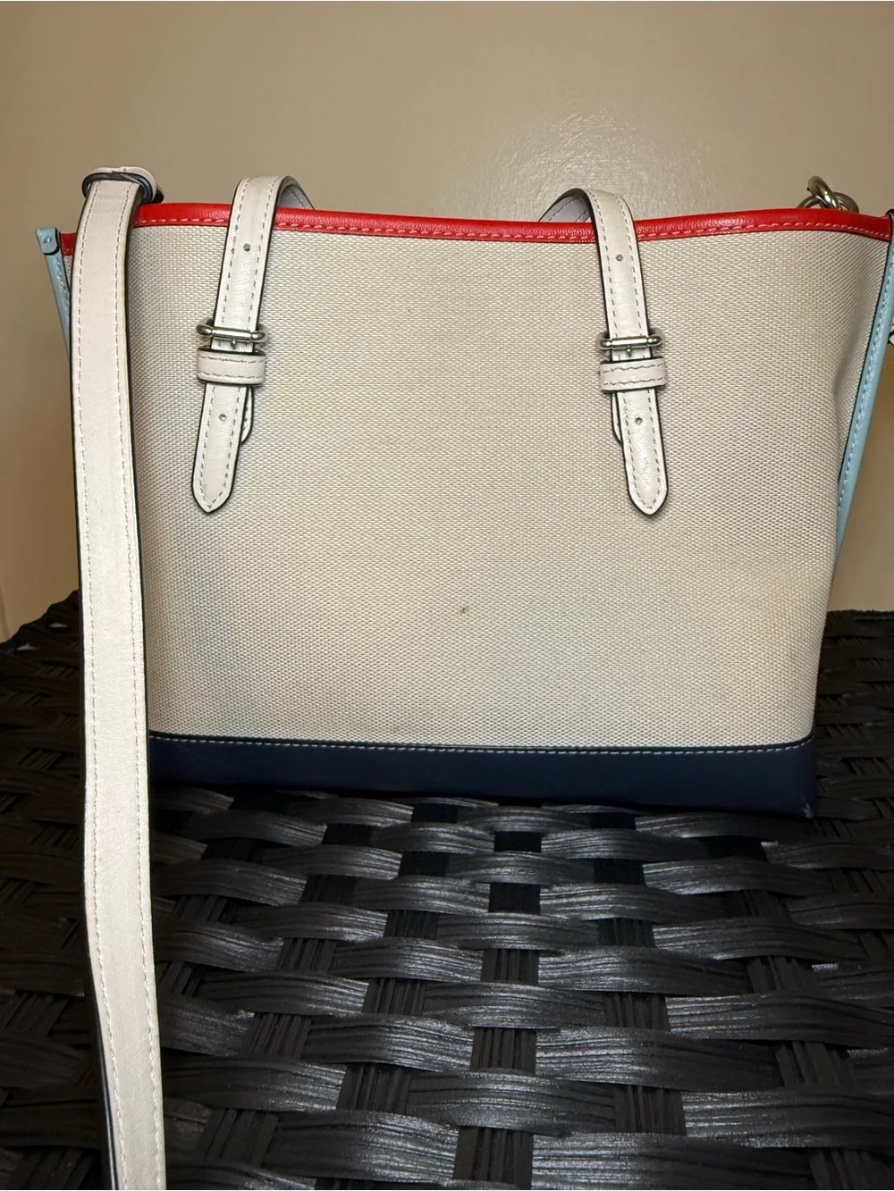 Coach Cream Canvas Colorblock Tote with Navy Base & Red Trim